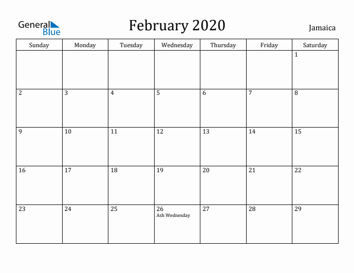 February 2020 Calendar Jamaica