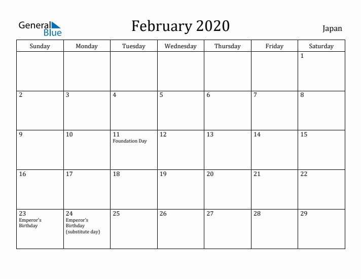February 2020 Calendar Japan
