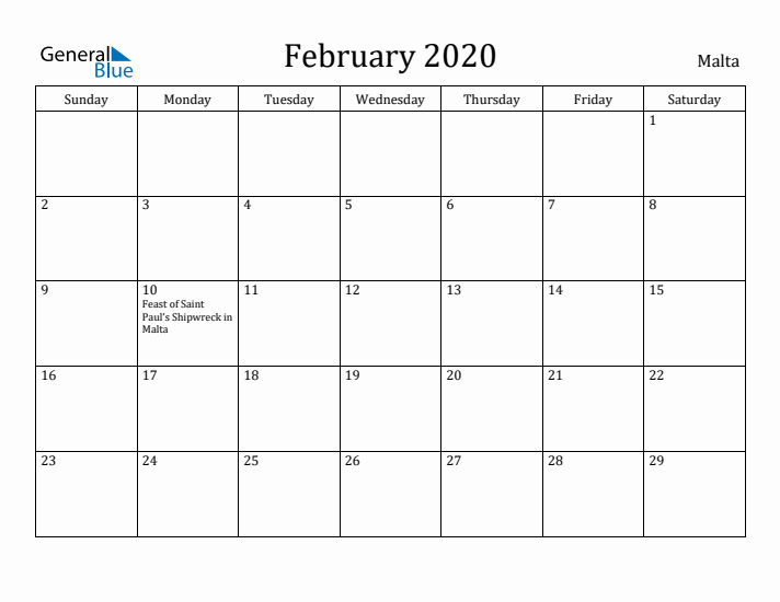 February 2020 Calendar Malta