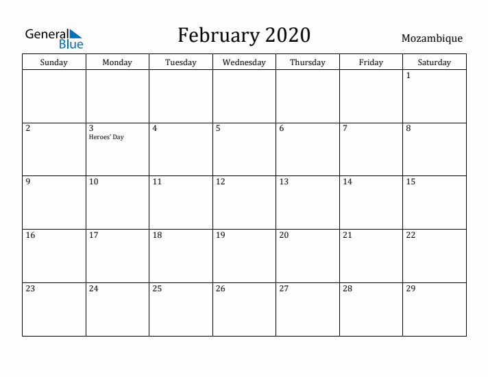 February 2020 Calendar Mozambique