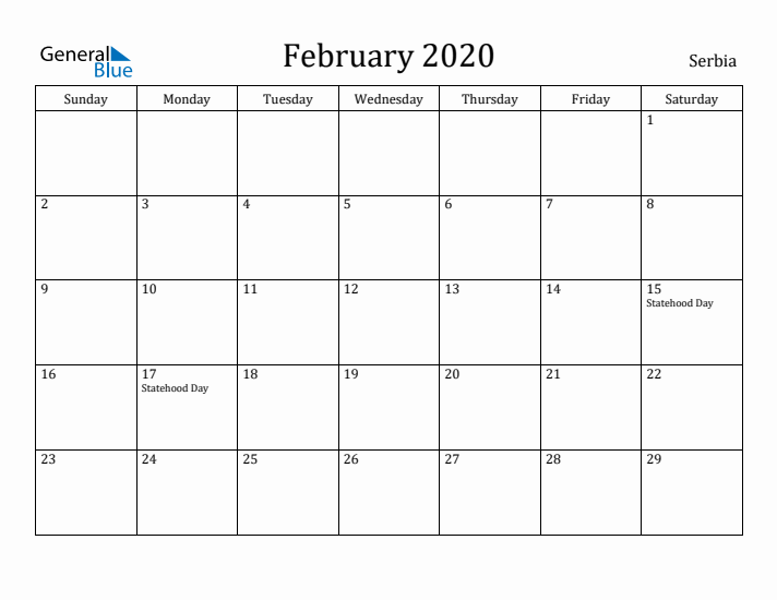 February 2020 Calendar Serbia