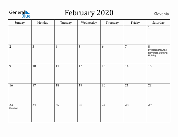 February 2020 Calendar Slovenia
