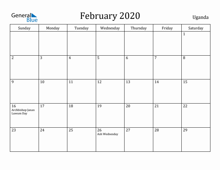 February 2020 Calendar Uganda