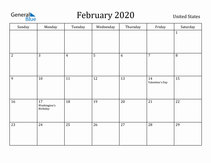 February 2020 Calendar United States