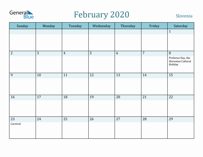 February 2020 Calendar with Holidays