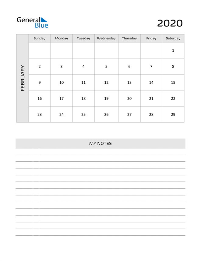  February 2020 Calendar Printable in PDF, Word, and Excel