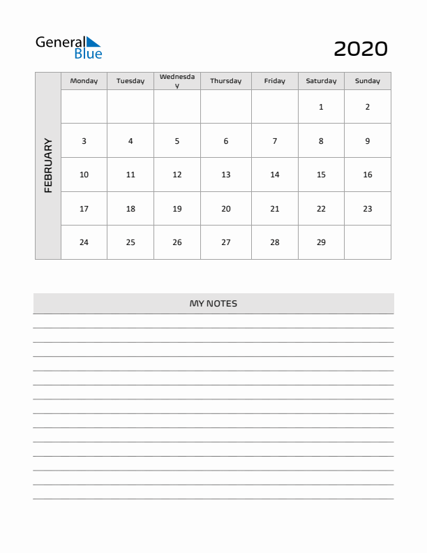 February 2020 Calendar Printable