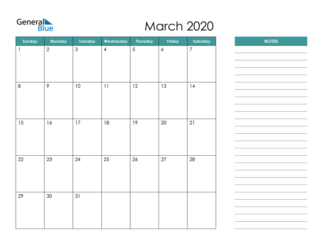  March 2020 Calendar with Notes