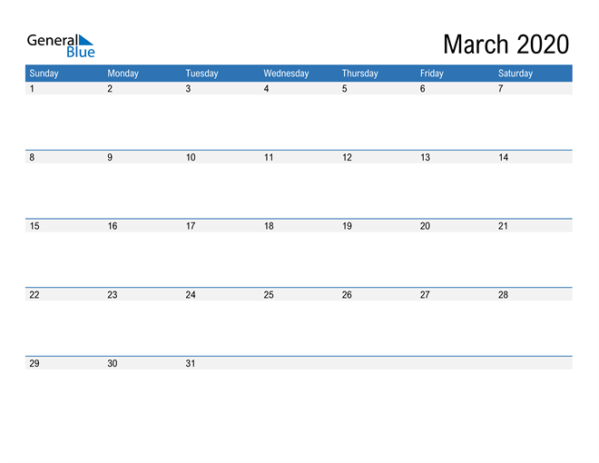  Fillable Calendar for March 2020