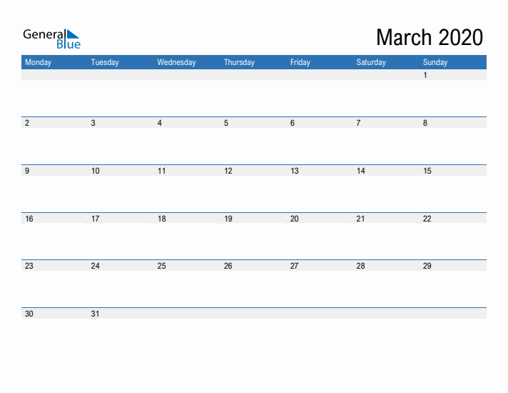 Fillable Calendar for March 2020