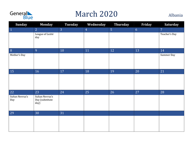 March 2020 Albania Calendar