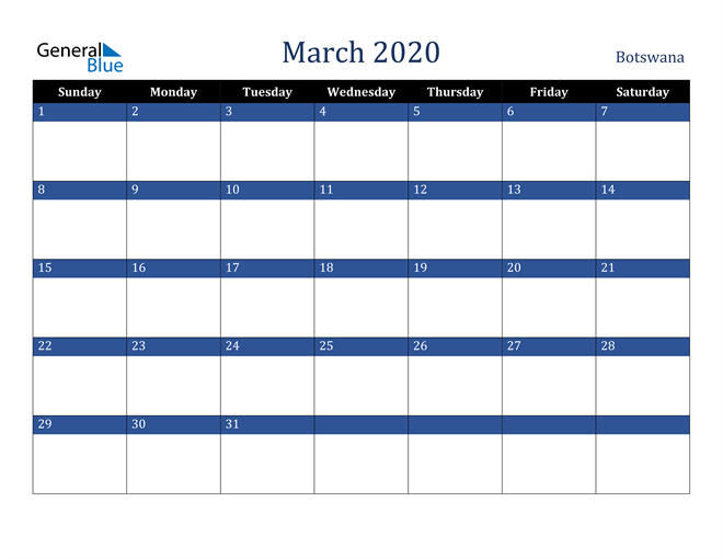 March 2020 Botswana Calendar