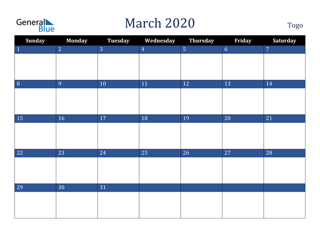 March 2020 Togo Calendar