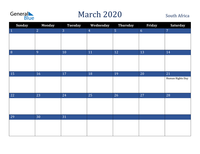 March 2020 South Africa Calendar