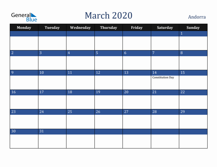 March 2020 Andorra Calendar (Monday Start)