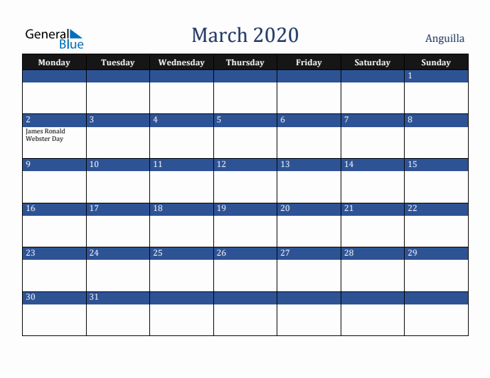 March 2020 Anguilla Calendar (Monday Start)
