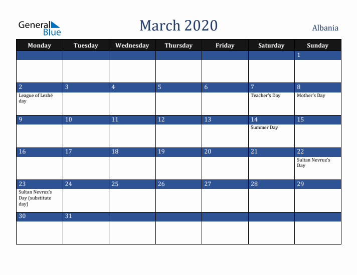 March 2020 Albania Calendar (Monday Start)