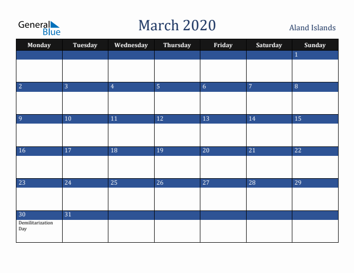 March 2020 Aland Islands Calendar (Monday Start)