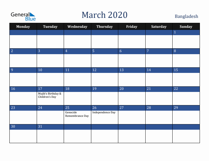 March 2020 Bangladesh Calendar (Monday Start)