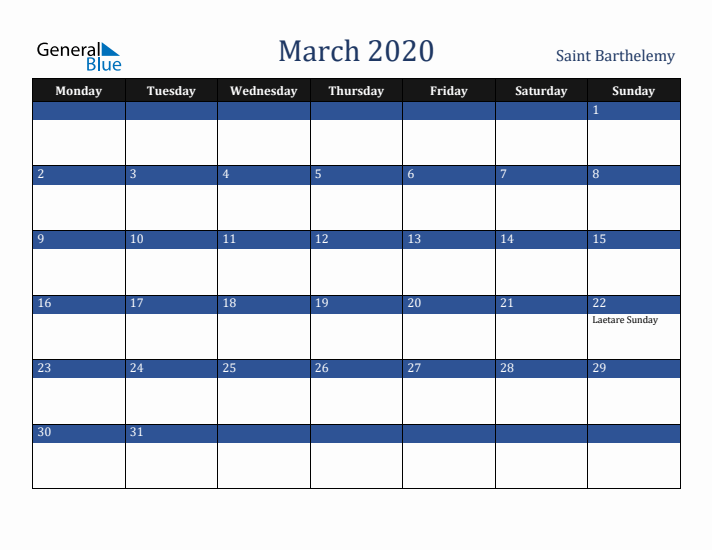 March 2020 Saint Barthelemy Calendar (Monday Start)