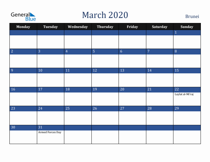 March 2020 Brunei Calendar (Monday Start)