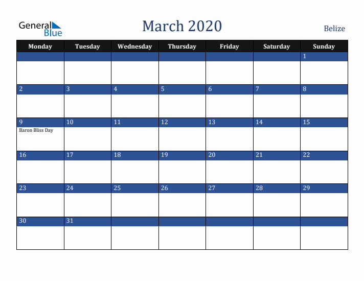 March 2020 Belize Calendar (Monday Start)
