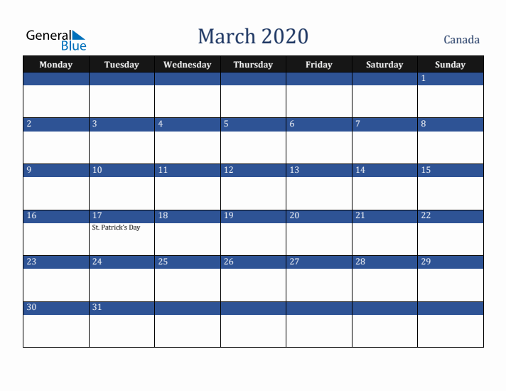 March 2020 Canada Calendar (Monday Start)