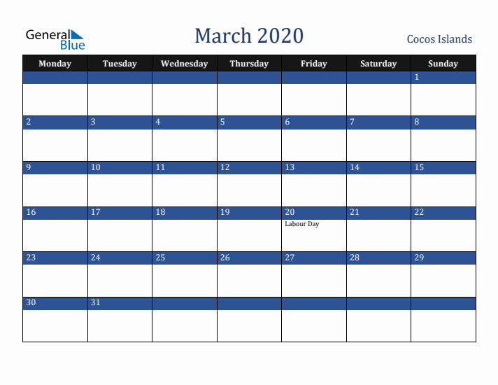 March 2020 Cocos Islands Calendar (Monday Start)
