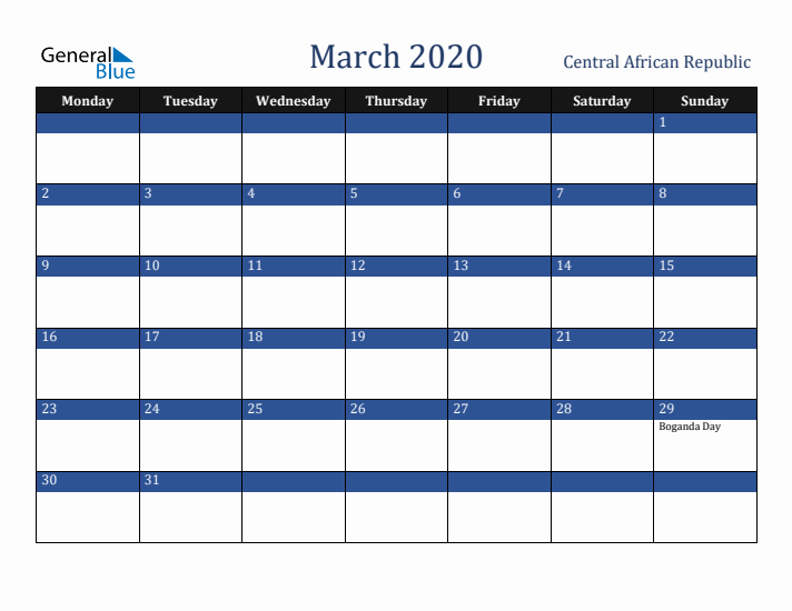 March 2020 Central African Republic Calendar (Monday Start)