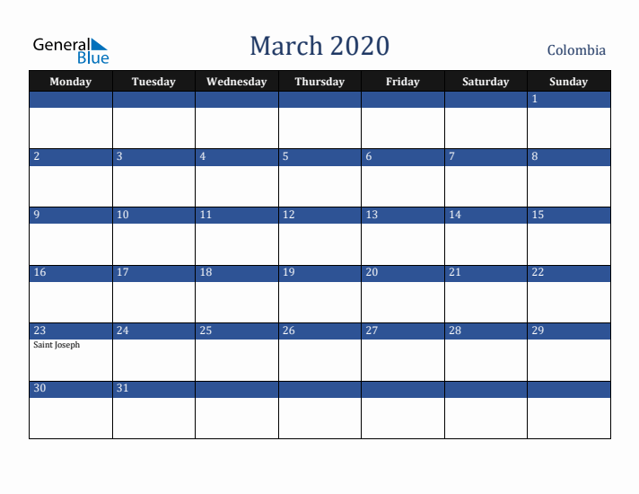 March 2020 Colombia Calendar (Monday Start)