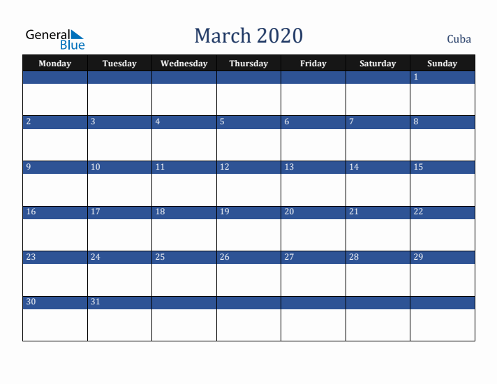 March 2020 Cuba Calendar (Monday Start)
