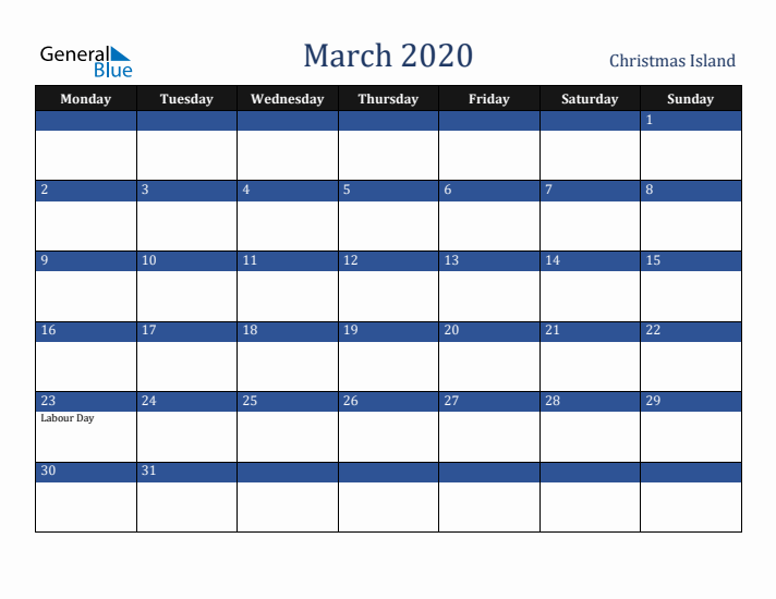 March 2020 Christmas Island Calendar (Monday Start)