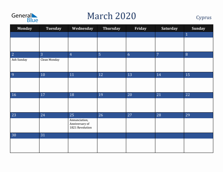 March 2020 Cyprus Calendar (Monday Start)