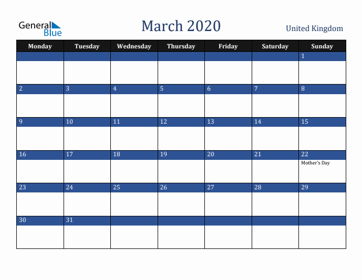 March 2020 United Kingdom Calendar (Monday Start)