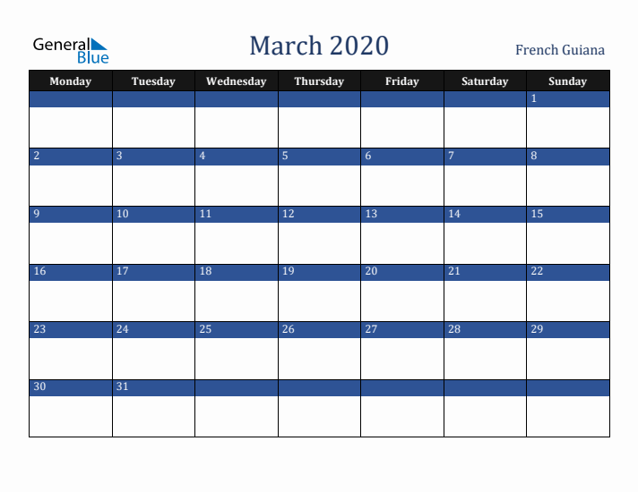 March 2020 French Guiana Calendar (Monday Start)