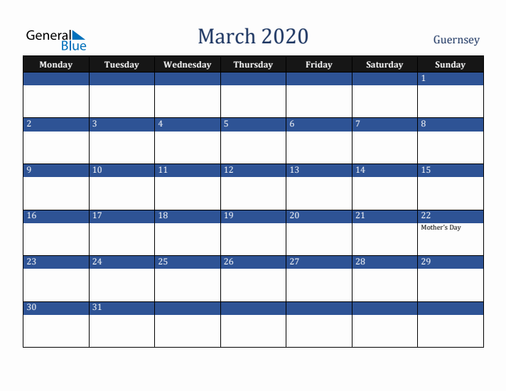 March 2020 Guernsey Calendar (Monday Start)