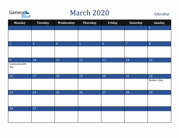 March 2020 Gibraltar Calendar (Monday Start)