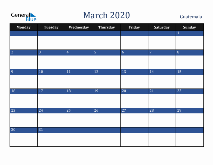 March 2020 Guatemala Calendar (Monday Start)
