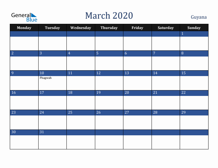 March 2020 Guyana Calendar (Monday Start)