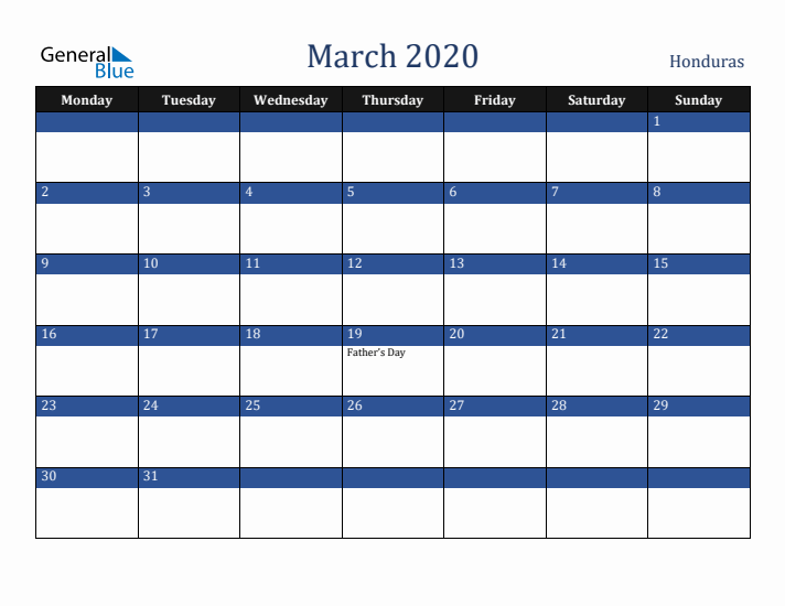 March 2020 Honduras Calendar (Monday Start)