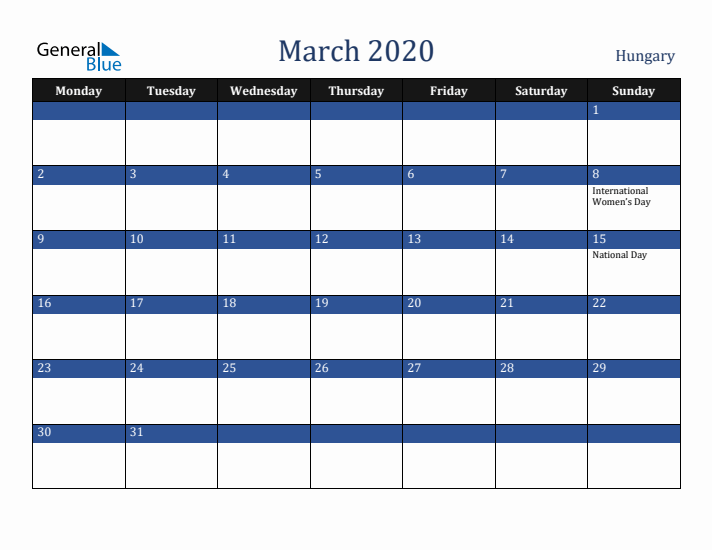 March 2020 Hungary Calendar (Monday Start)