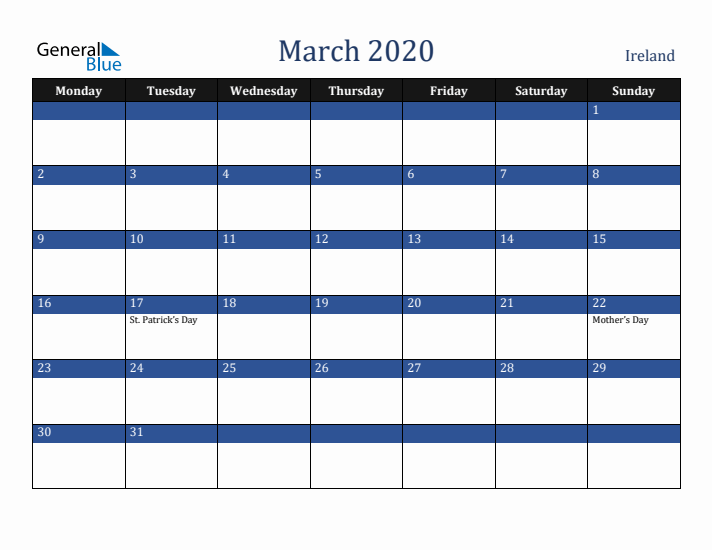March 2020 Ireland Calendar (Monday Start)