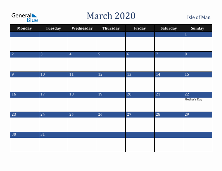 March 2020 Isle of Man Calendar (Monday Start)