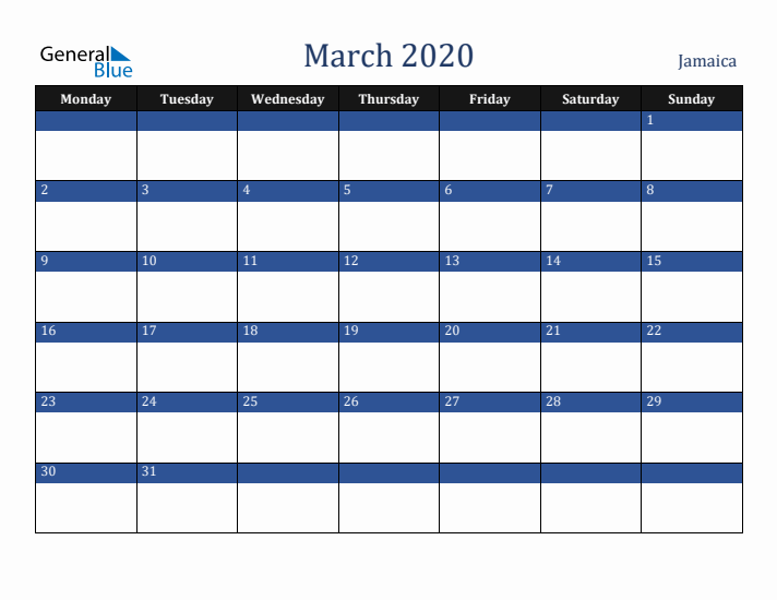 March 2020 Jamaica Calendar (Monday Start)