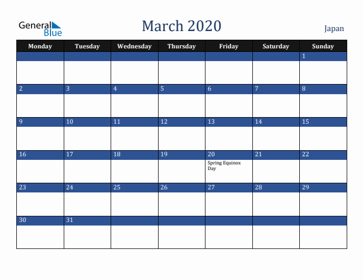 March 2020 Japan Calendar (Monday Start)