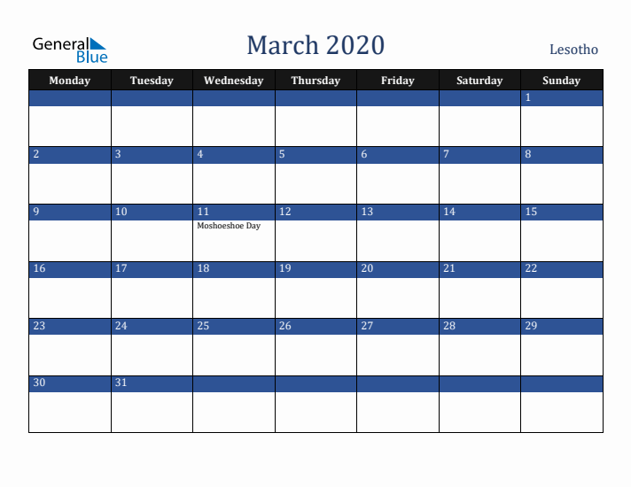 March 2020 Lesotho Calendar (Monday Start)