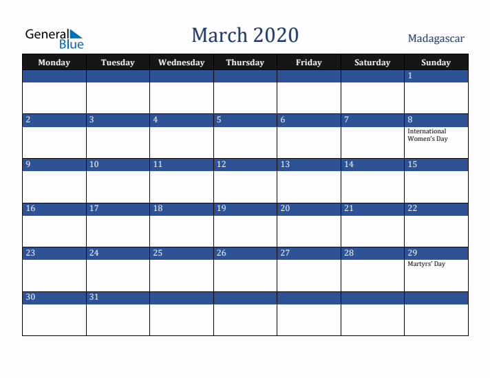 March 2020 Madagascar Calendar (Monday Start)