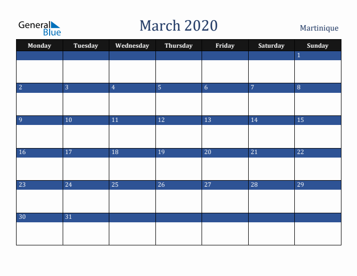 March 2020 Martinique Calendar (Monday Start)