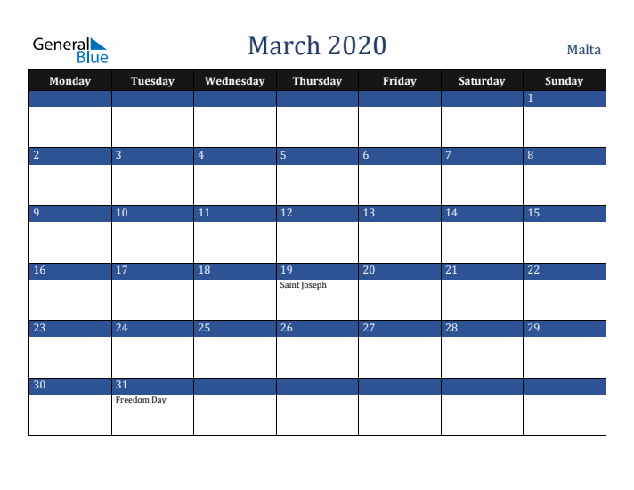March 2020 Malta Calendar (Monday Start)