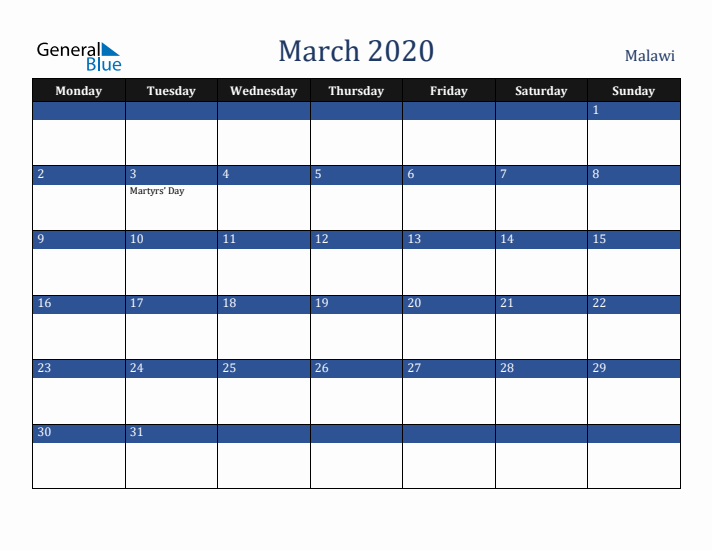 March 2020 Malawi Calendar (Monday Start)